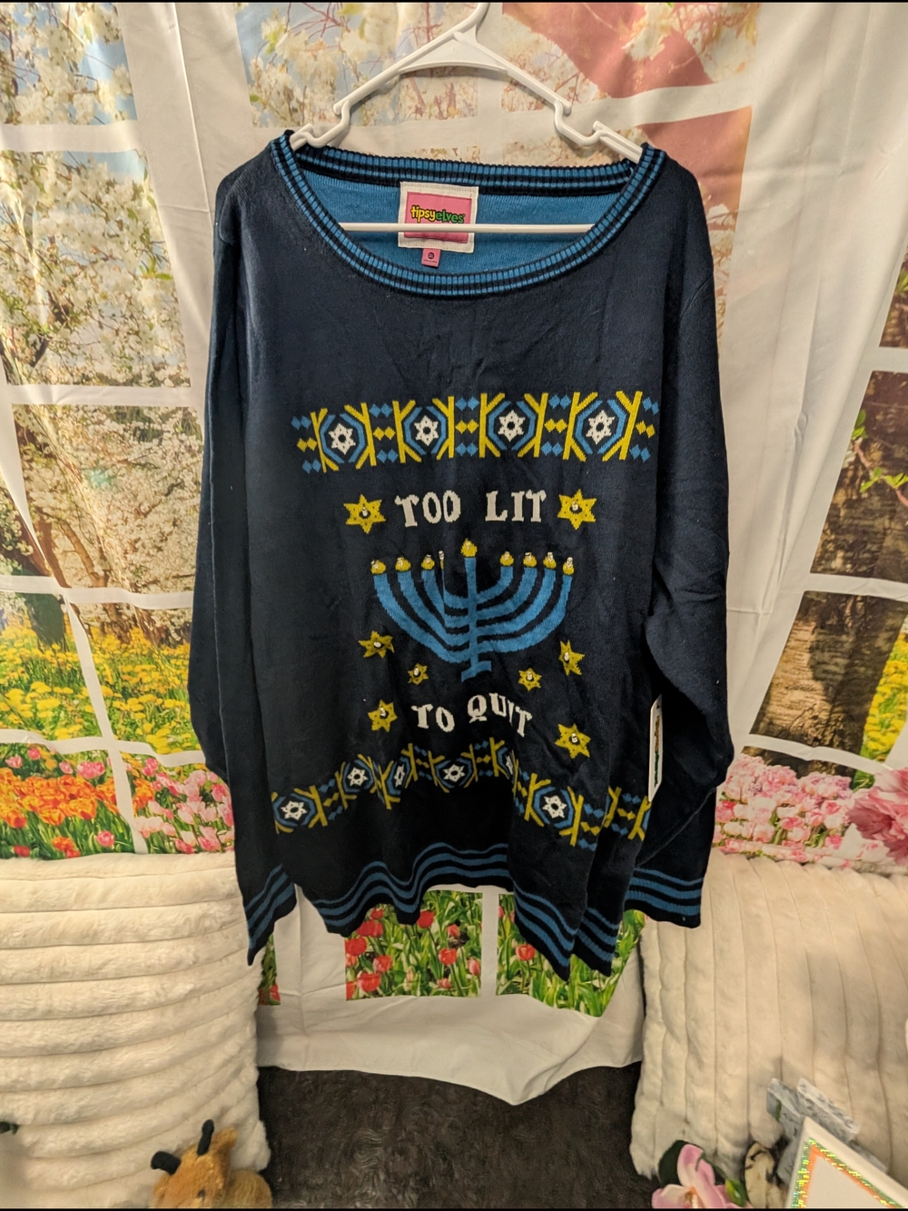Tipsy Elves Blue Sweater with Pink Label